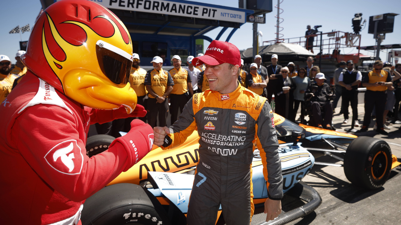 Felix Rosenqvist, driver of the #7 Use Arrow McLaren SP Chevrolet, celebrates after winning the pole award during qualifying for the NTT IndyCar Series XPEL 375 at Texas Motor Speedway. Credit: AFP Photo