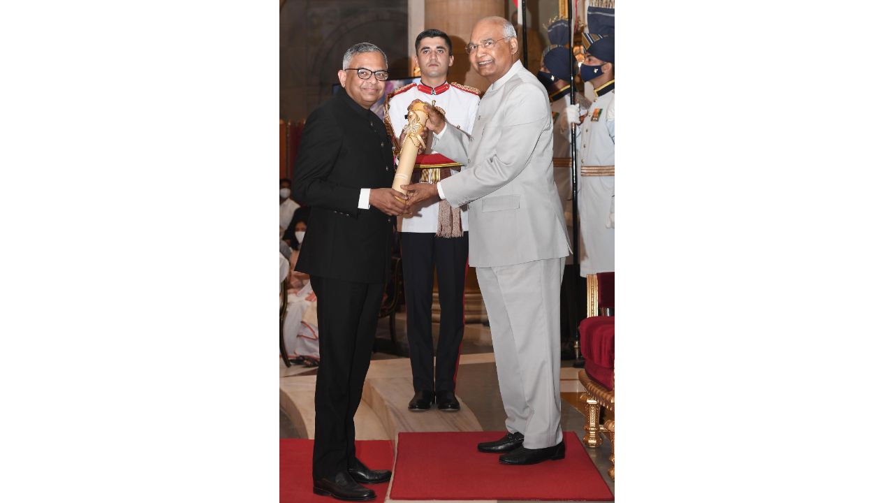 N Chandrasekaran, Tata Sons chairman, awarded Padma Bhushan for his contribution to the field of trade and industry. Credit: PTI Photo