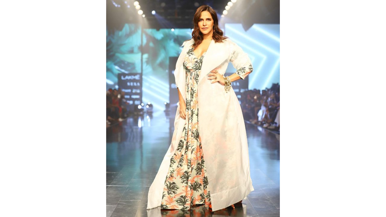 Neha Dhupia turned the showstopper for plus-size brand aLL at FDCI x Lakme Fashion Week. Credit: Instagram/lakmefashionwk