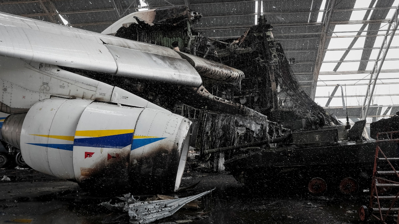 Charred remains of Antonov An-225 'Mriya' cargo plane, the world's biggest aircraft, is seen at an airfield in the settlement of Hostomel, in Kyiv, Ukraine. Credit: Reuters Photo