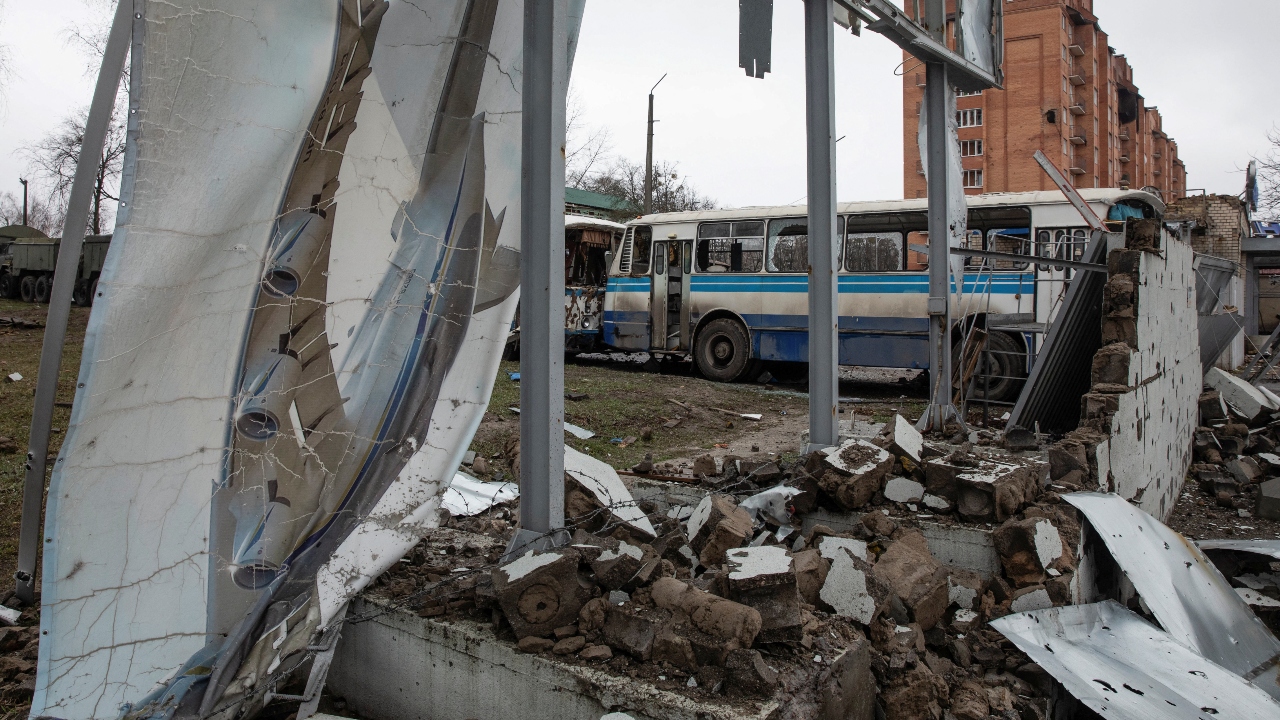 A compound of the Antonov airfield damaged by Russian shelling. Credit: Reuters Photo