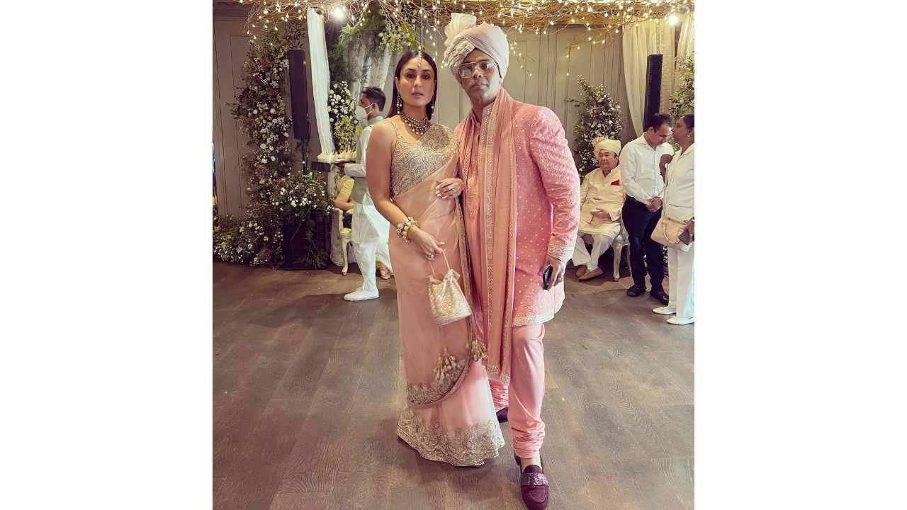 Kareena Kapoor Khan and Karan Johar pose together for a photo at Ranbir and Alia's wedding. Credit: Instagram/@kareenakapoorkhan