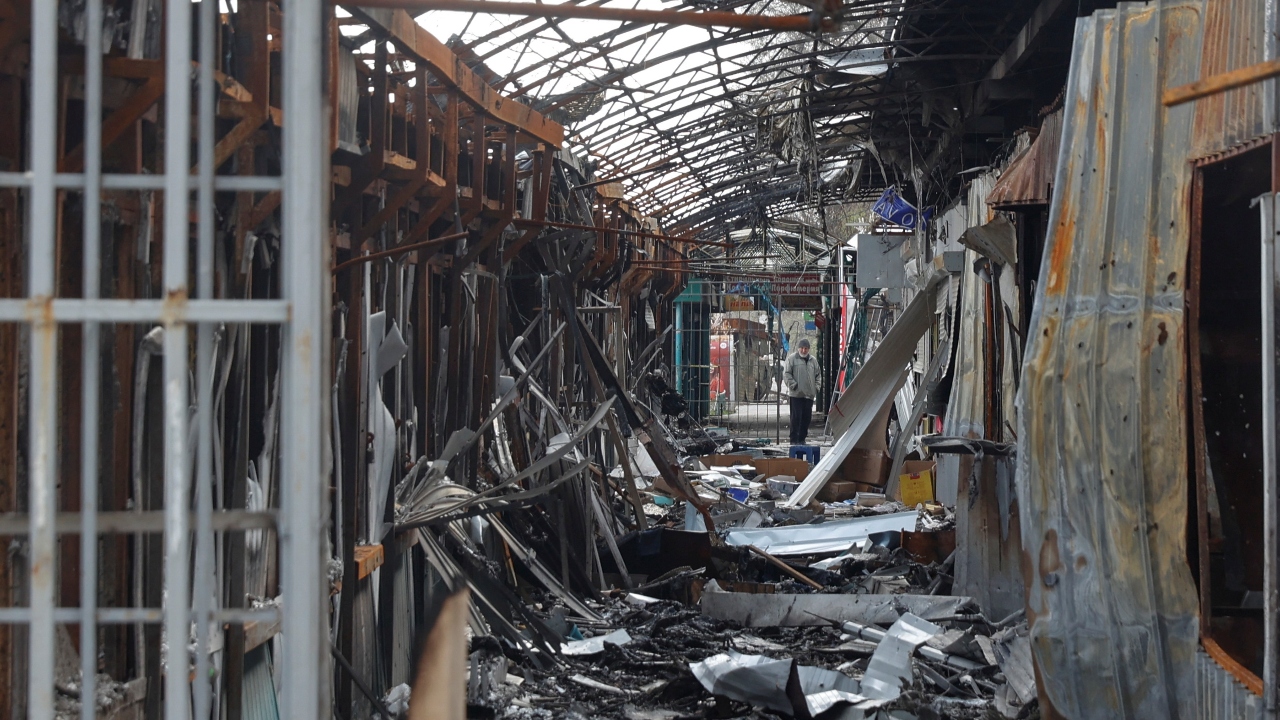 A general view of an open market destroyed by a military strike in Ukraine. Credit: Reuters Photo
