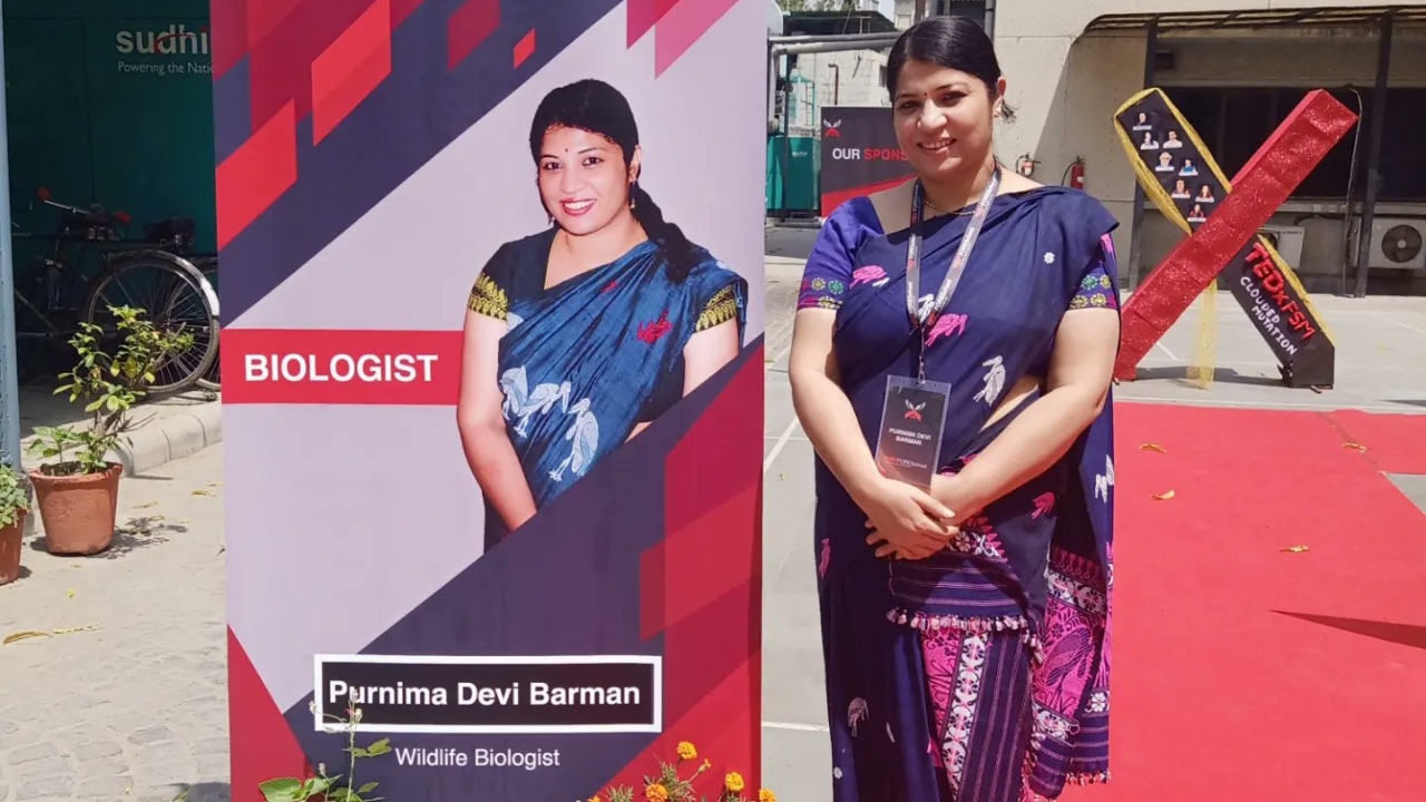 Purnima Burman Devi, the leader of the Hargila Army, working towards the protection of endangered Greater Adjutant Stork in Assam. Credit: Twitter/@StorkSister