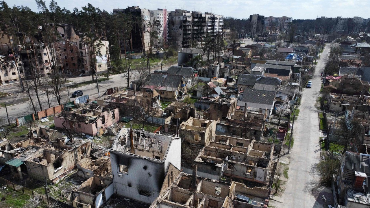 This aerial photograph taken shows a destroyed residential area in Irpin, northwest of Kyiv, amid the Russian invasion of Ukraine. Credit: AFP Photo