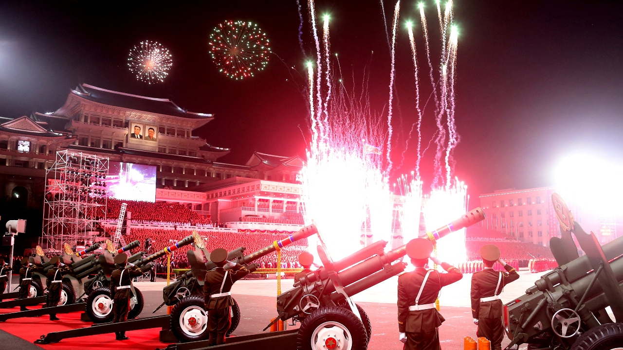 Fireworks explode over the military parade to mark the 90th anniversary of the founding of the Korean People's Revolutionary Army. Credit: Reuters Photo
