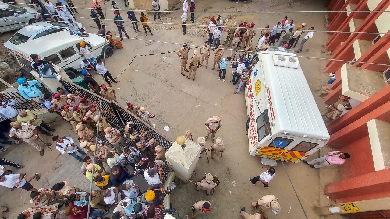 The body of the 28-year-old singer-politician was brought to his home in Moosa village amid tight security from Mansa civil hospital, where the post-mortem was conducted. Credit: PTI Photo