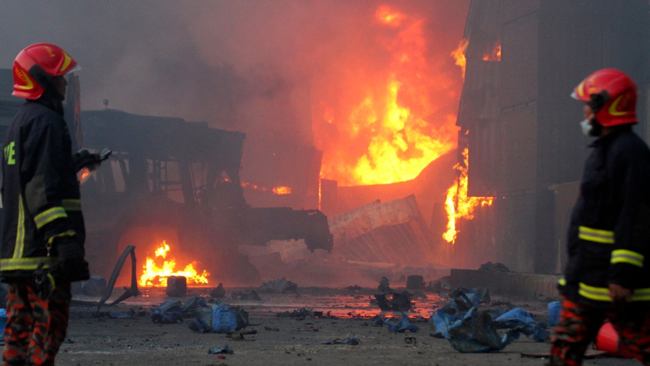 Firefighters arrive at the site after a fire broke out at a container storage facility in Sitakunda, about 40 km (25 miles) from the key port of Chittagong. Credit: AFP Photo