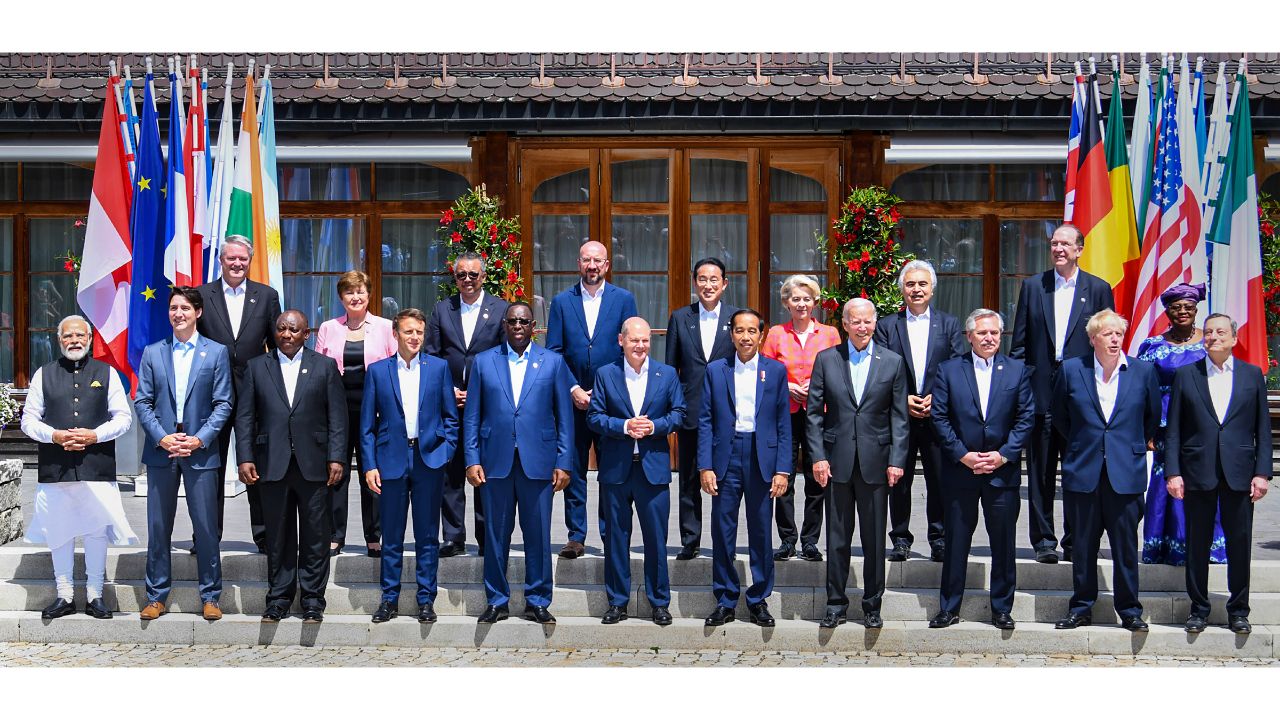 The leaders of the G7 nations, along with Prime Minister Narendra Modi, on Monday, posed for a photograph ahead of the G7 Summit, at Schloss Elmau in Germany. Credit: PIB Photo