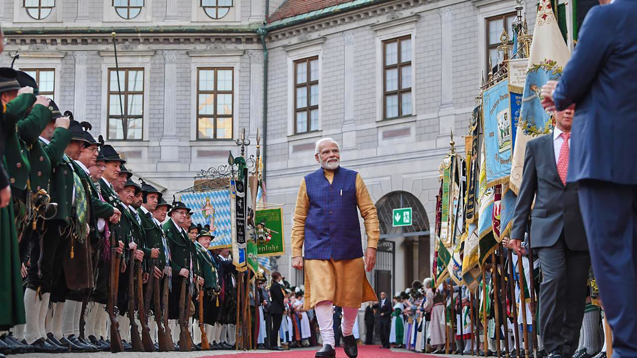 Prime Minister Narendra Modi arrives for a reception at the Residenz on the sidelines of the 48th G7 summit, in Germany. Credit: Twitter/@sambitswaraj