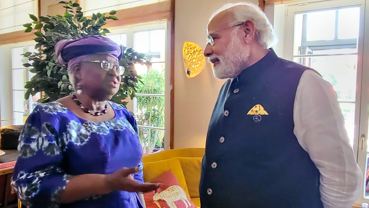 WTO Director General Ngozi Okonjo-Iweala interacts with Prime Minister Narendra Modi. Credit: Twitter/@narendramodi