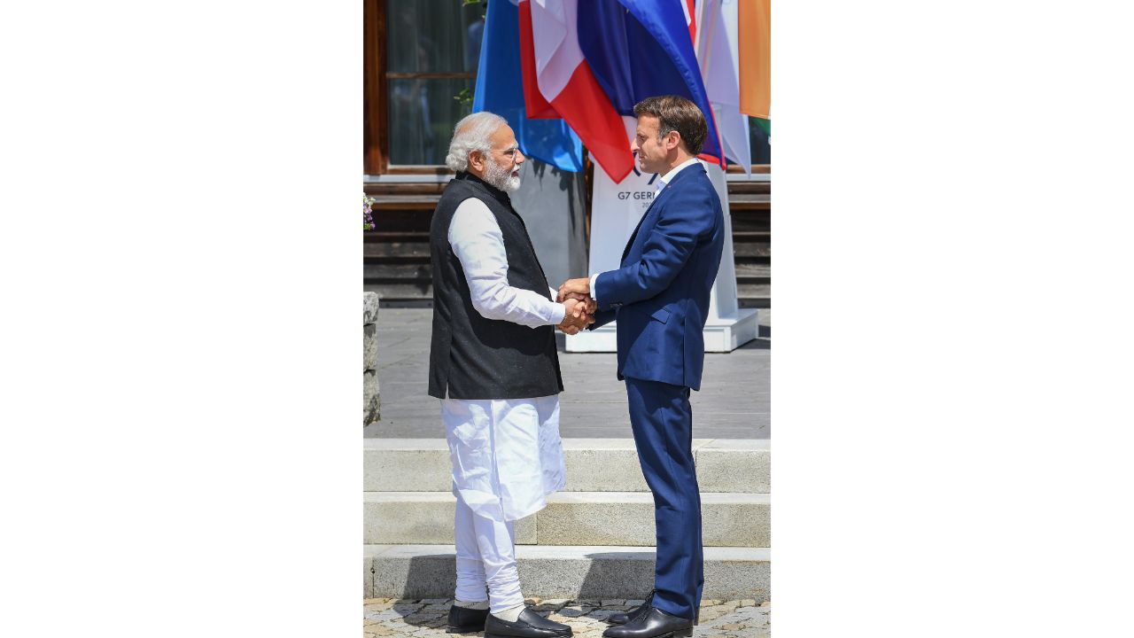 Prime Minister Narendra Modi seen interacting with President of France Emmanuel Macron at the G7 Summit in Germany. Credit: PIB Photo