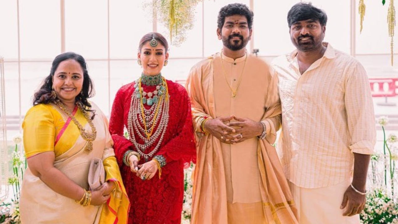 'Makkalselvan' Vijay Sethupathi and his wife pose with Nayanthara and Vignesh Shivan. Credit: Instagram/wikkiofficial