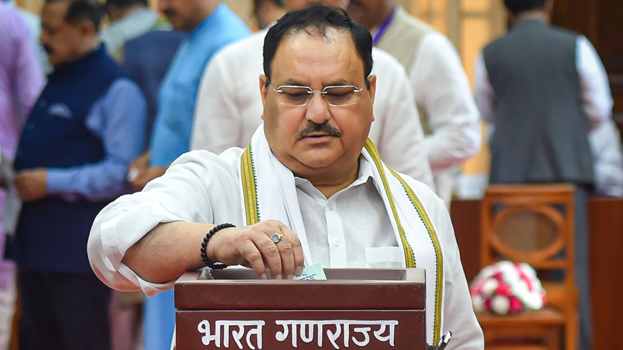 BJP National President J P Nadda casts his vote for the election of the President, at Parliament House in New Delhi. Credit: PTI Photo