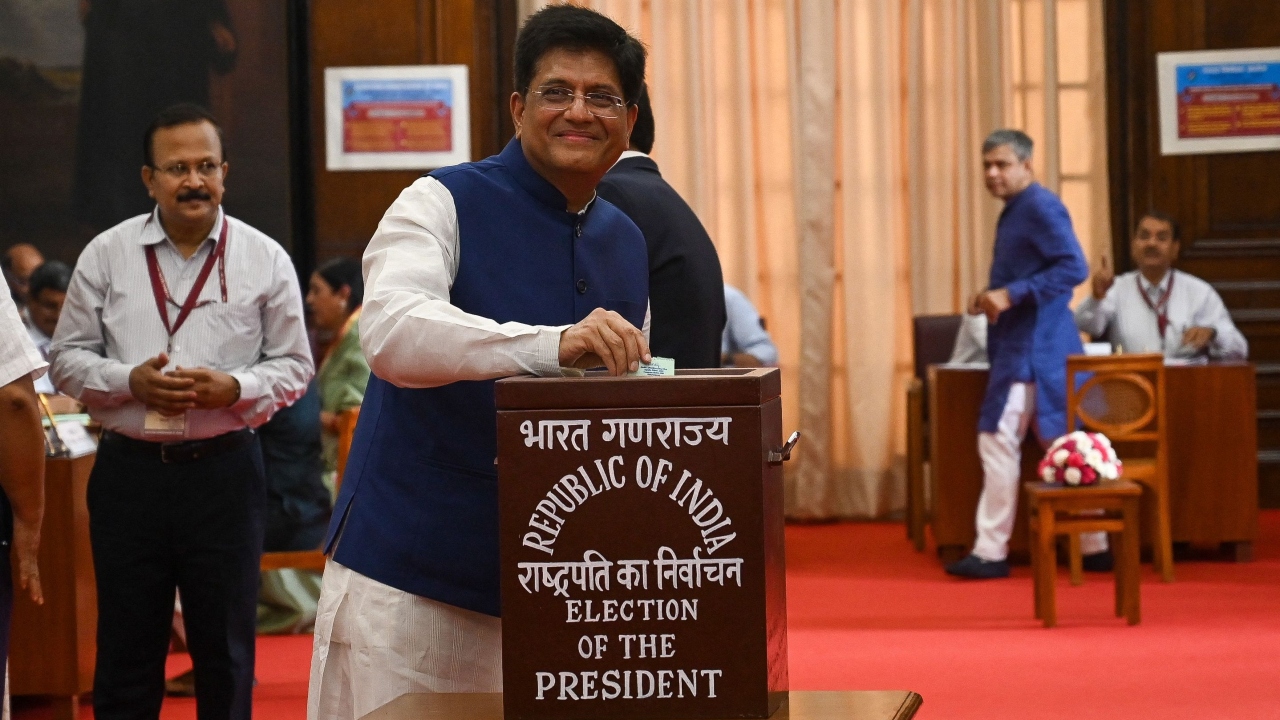 Minister of Commerce and Industry Piyush Goyal votes to elect the next President at Parliament House in New Delhi. Credit: AFP Photo