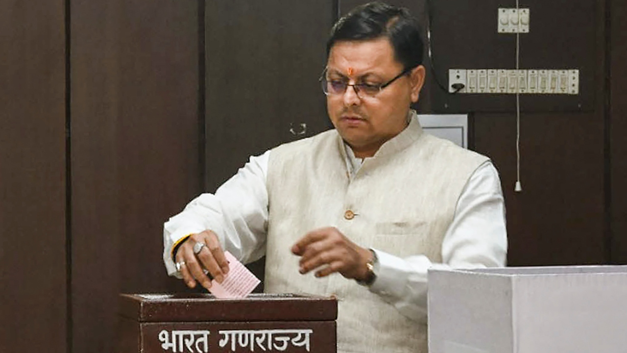 Uttarakhand Chief Minister Pushkar Singh Dhami casts his vote for the election of the President, in Dehradun. Credit: PTI Photo