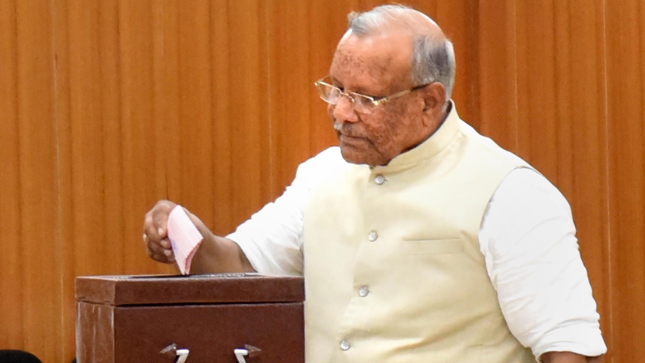Bihar Deputy CM Tarkishore Prasad casts his vote for the election of the President, at Bihar Legislative Assembly in Patna. Credit: PTI Photo