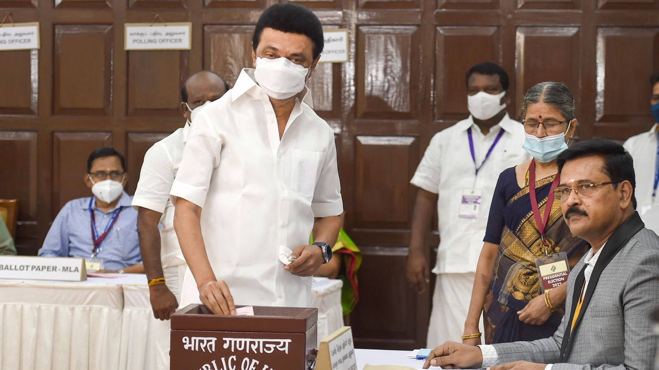 Tamil Nadu Chief Minister M K Stalin casts his vote for the election of the President, at Tamil Nadu Assembly in Chennai. Credit: PTI Photo
