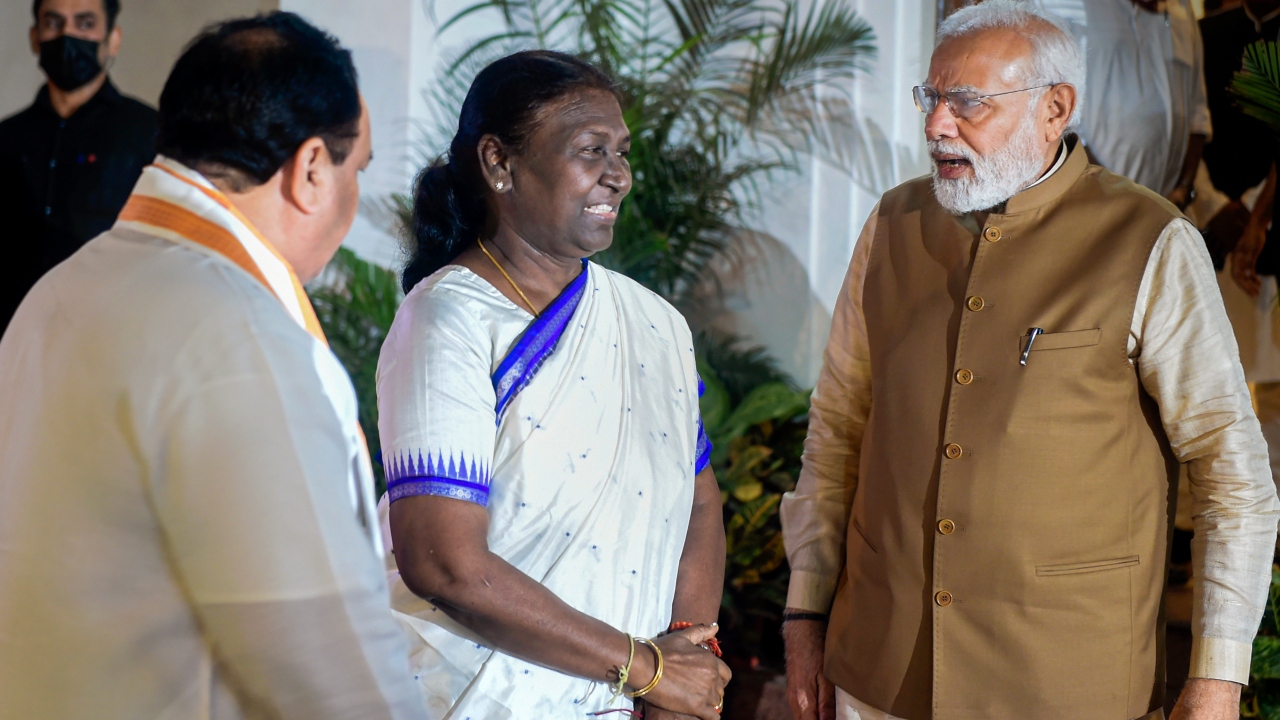 President-elect Droupadi Murmu with Prime Minister Narendra Modi and BJP National President JP Nadda, in New Delhi. Credit: PTI Photo
