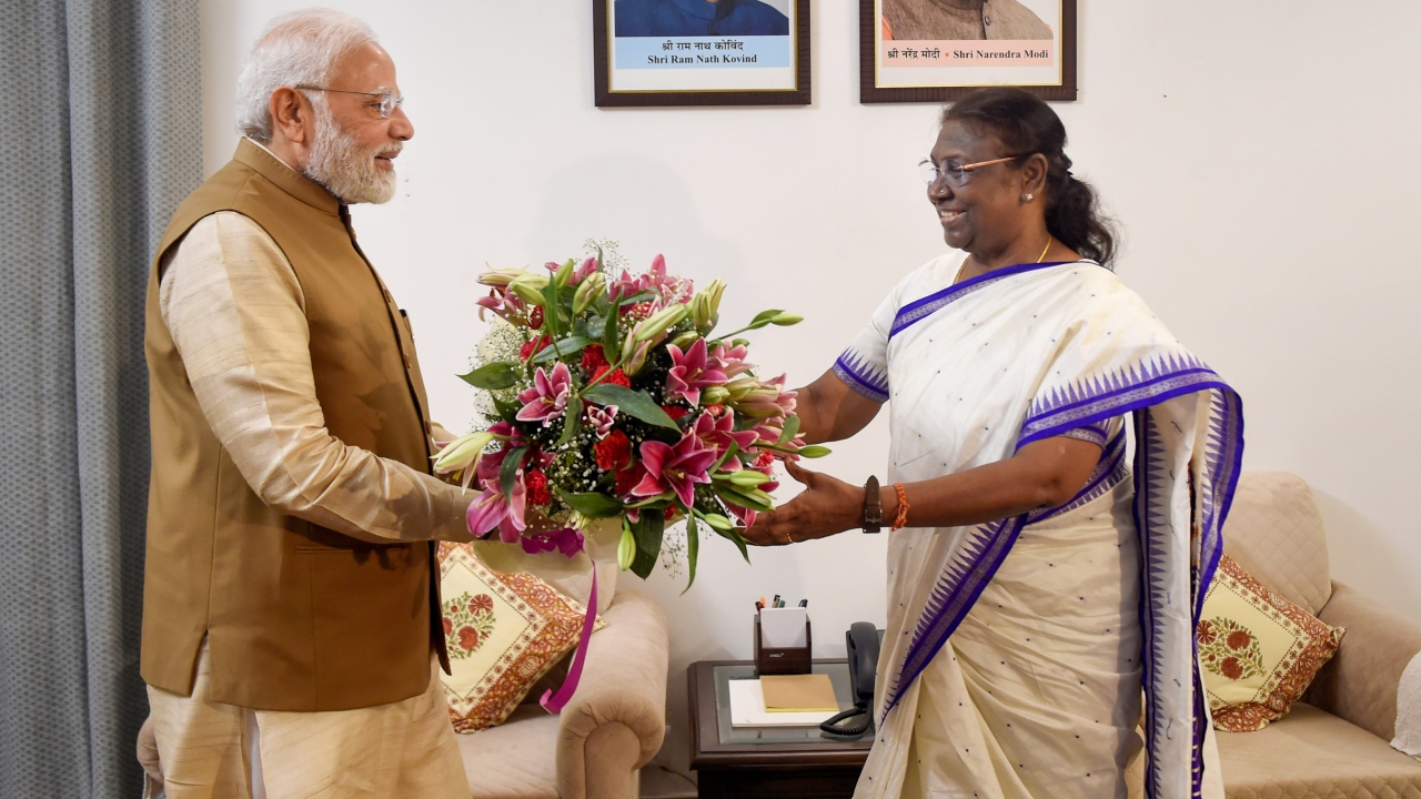 Prime Minister Narendra Modi with president-elect Droupadi Murmu, in New Delhi. Credit: PTI Photo