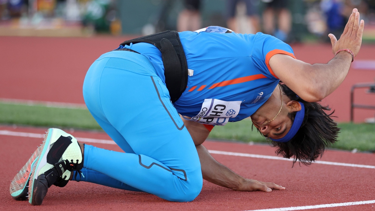 Neeraj Chopra of Team India reacts after competing in the Men's Javelin Throw Final at the World Athletics Championships Oregon22. Credit: AFP Photo