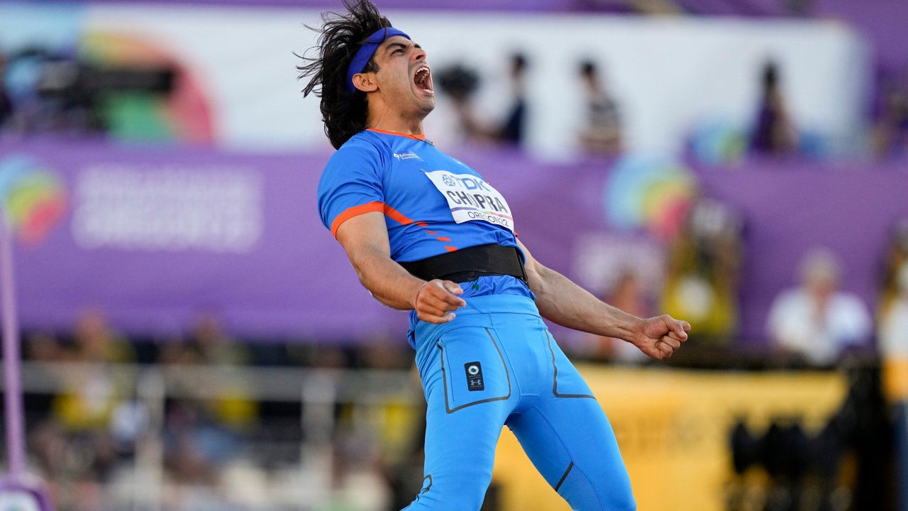 Neeraj Chopra reacts after winning silver in the men's javelin throw final at the World Athletics Championships. Credit: AP/PTI Photo