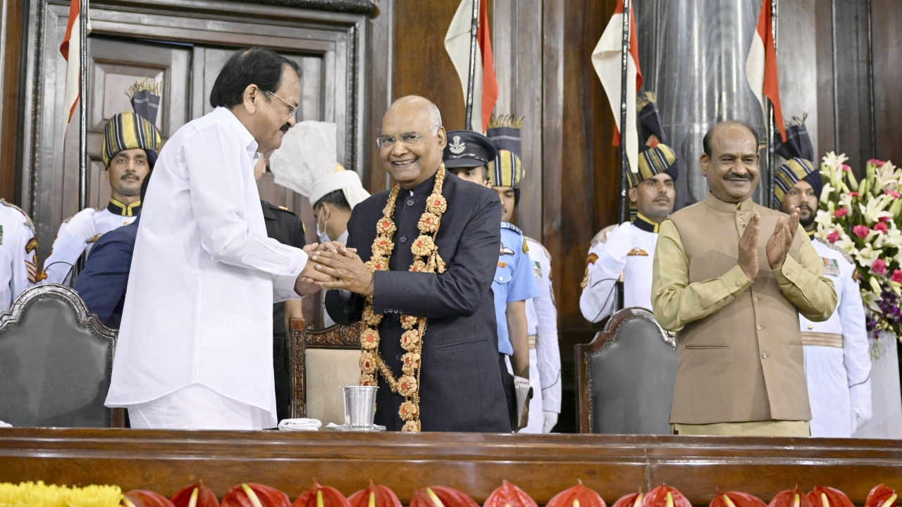 Vice President M Venkaiah Naidu, Prime Minister Narendra Modi, Lok Sabha Speaker Om Birla during the farewell function for the outgoing President Ram Nath Kovind, at Parliament House, in New Delhi. Credit: PTI Photo