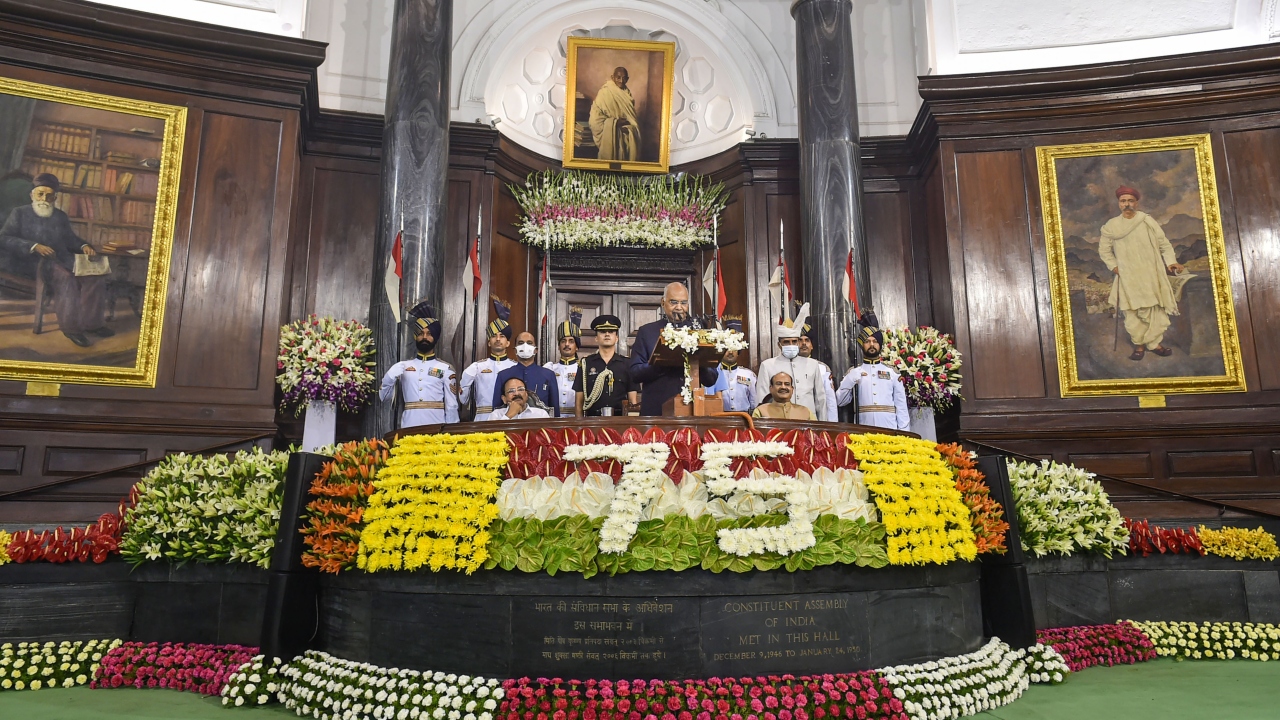 President Ram Nath Kovind delivers his farewell address during a function at Parliament House in New Delhi. Credit: PTI Photo