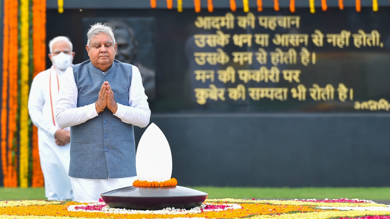Vice President Jagdeep Dhankhar pays tribute to former Prime Minister Atal Bihari Vajpayee on his death anniversary at his memorial Sadaiv Atal, in New Delhi. Credit: PTI Photo