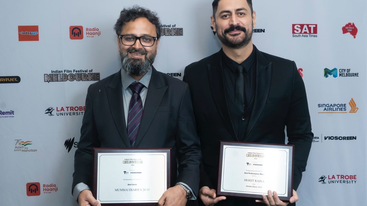 The 'Mumbai Diaries: 26/11' series bagged the Best Actor and Best Series awards at the IFFM. In this photo, Nikkhil Advani and Mohit Raina are seen posing for the photographs. Credit: Special Arrangement