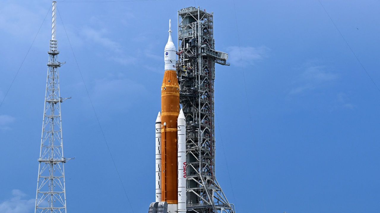 The Artemis I unmanned lunar rocket sits on the launch pad at the Kennedy Space Center in Cape Canaveral, Florida, on August 26, 2022, ahead of its expected launch on August 29. Credit: AFP Photo