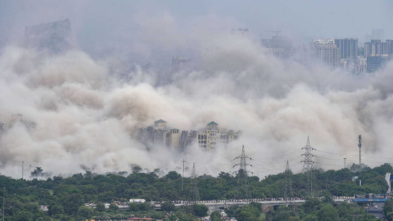 Demolished via a 'controlled implosion', a lot of preparation had been done to ensure minimal damage to the surroundings. Credit: PTI Photo