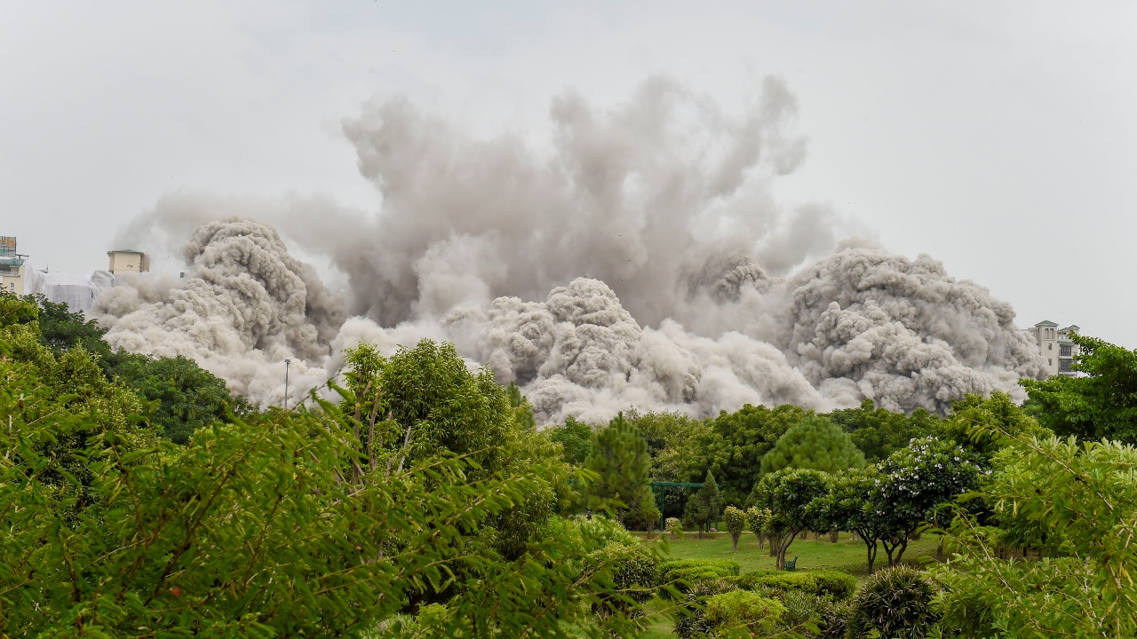 Mumbai-based Edifice Engineering, hired for the project, carried out the demolition work and master blaster Chetan Dutta pressed the button. Credit: PTI Photo