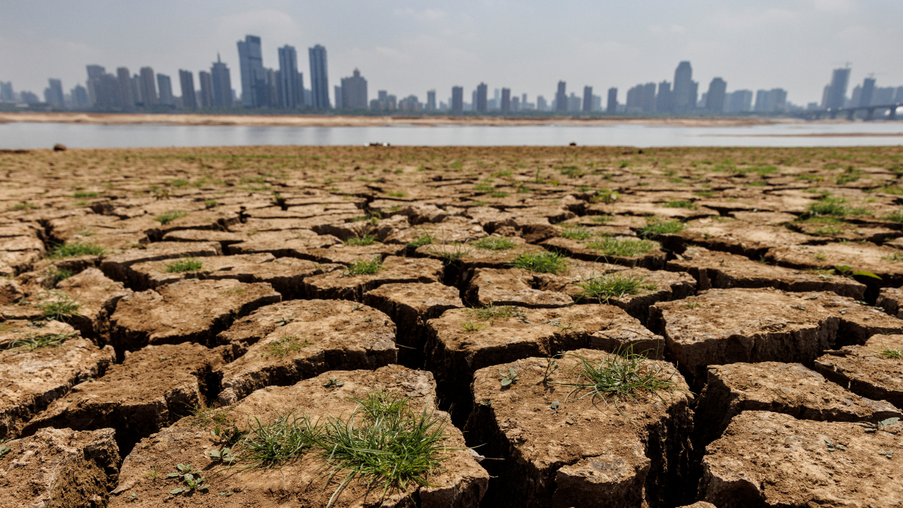 Cracks run through the partially dried-up river bed of the Gan River, a tributary to Poyang Lake during a regional drought in Nanchang, Jiangxi province, China, August 28, 2022. Credit: Reuters Photo