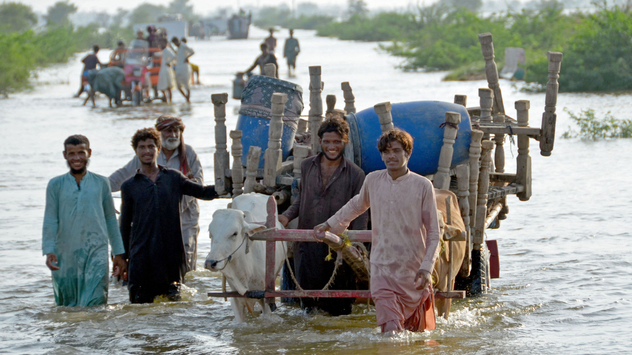 Stranded people along with their belongings wade through a flooded street after fleeing from their flood hit homes following heavy monsoon rains at Sohbatpur area in Jaffarabad district of Balochistan province on August 28, 2022. Credit: AFP Photo