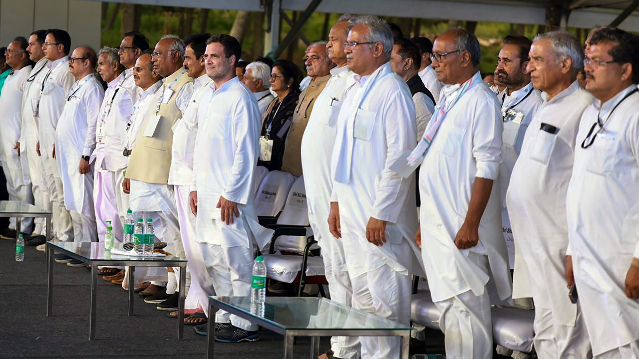 Rajasthan CM Ashok Gehlot and Chhattisgarh CM Bhupesh Baghel along with Congress leaders Rahul Gandhi, Digvijaya Singh, Mallikarjun Kharge, Adhir Ranjan Chowdhury and others during the launch of 'Bharat Jodo Yatra', in Kanyakumari. Credit: PTI Photo
