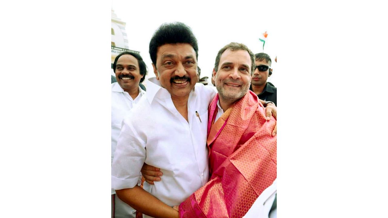 Tamil Nadu CM MK Stalin meets Congress leader Rahul Gandhi, in Kanyakumari. Credit: PTI Photo