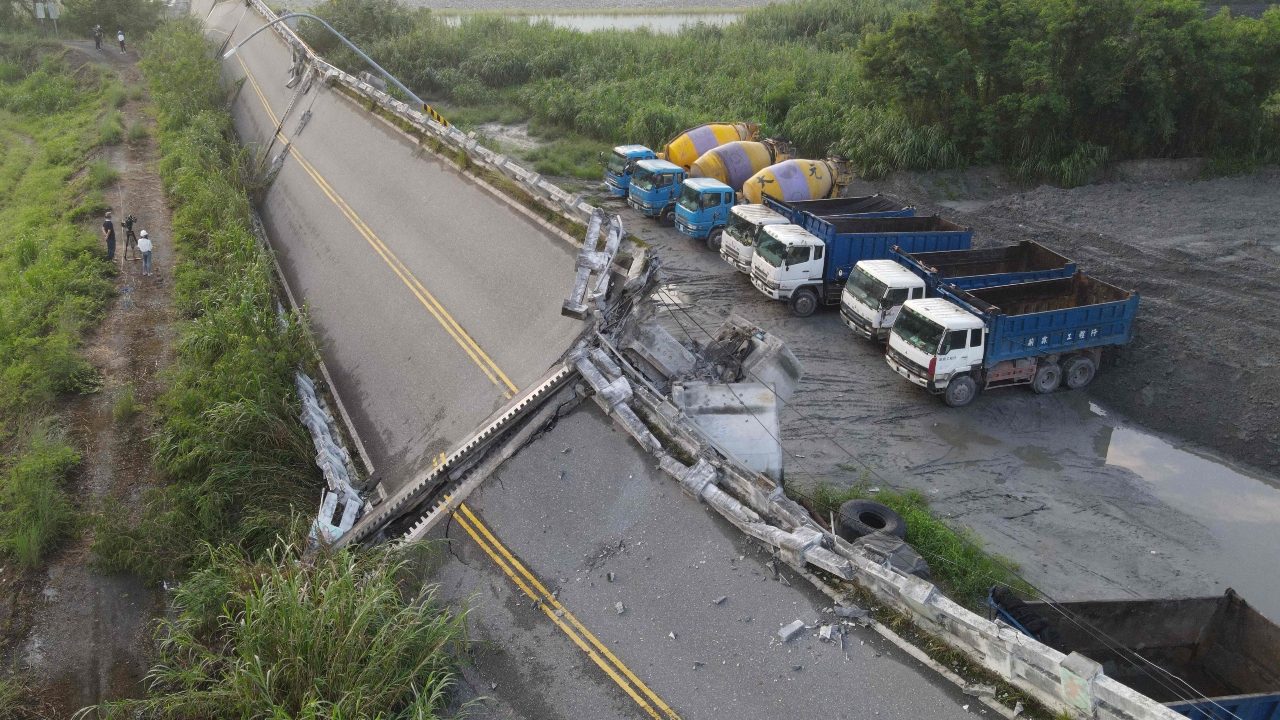 An aerial view of the collapsed Kaoliao bridge in eastern Taiwan's Hualien. Credit: AFP Photo