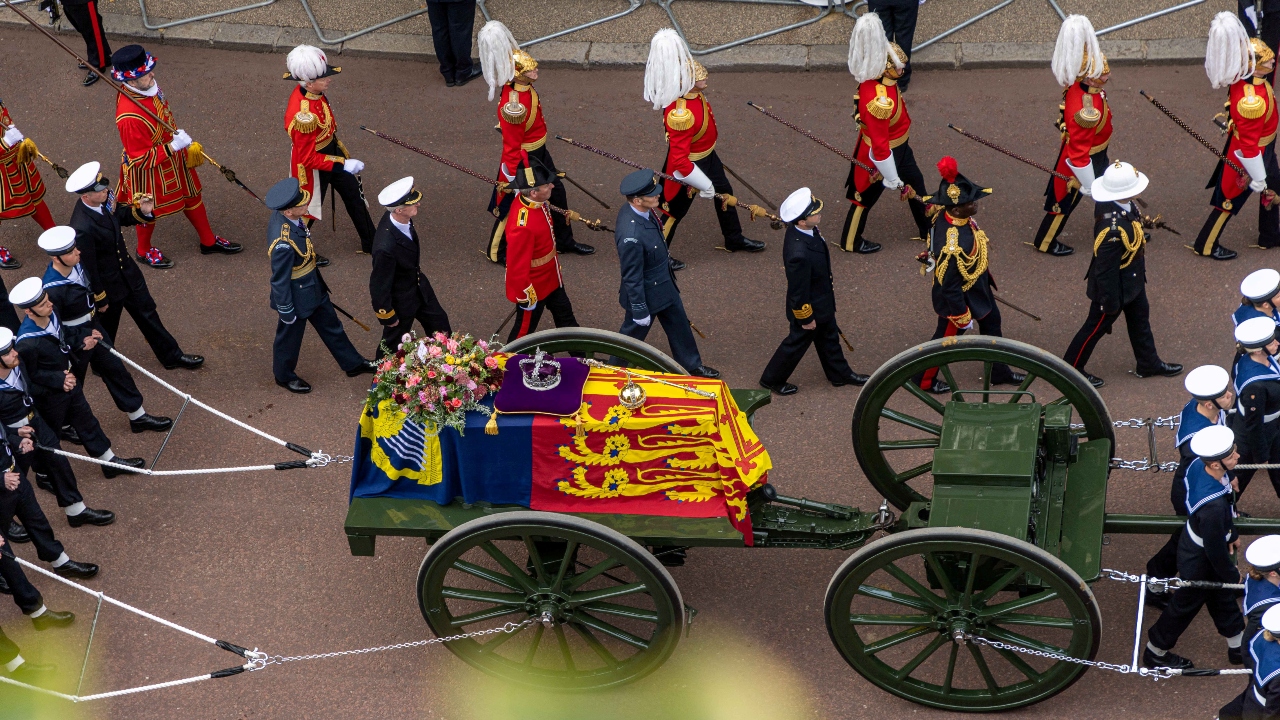 The State Gun Carriage, pulled by 142 Naval Ratings carrying the coffin of Queen Elizabeth II moves along the Procession route. Credit: Reuters Photo