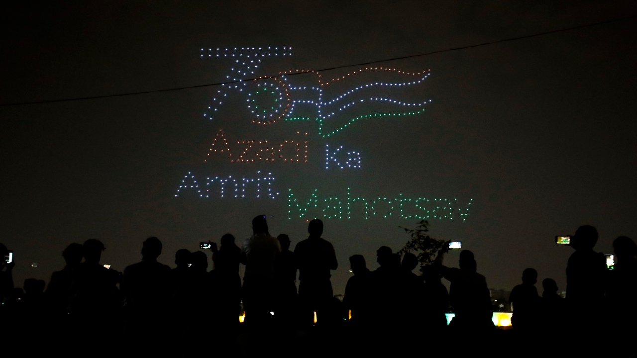 Drone show on the eve of the opening ceremony of the 36th National Games, in Ahmedabad. Credit: PTI Photo