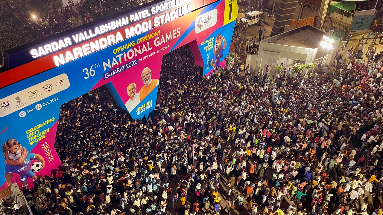 The event was held at the world's largest stadium, at the Narendra Modi stadium. Credit: PTI Photo