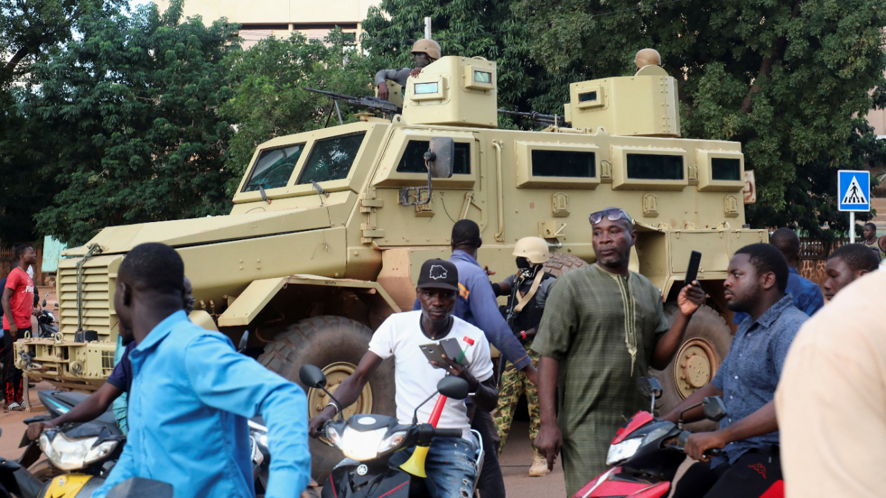 New junta's soldiers stand guard in an armoured vehicle in Ouagadougou, Burkina Faso October 1, 2022. Credit: Reuters Photo