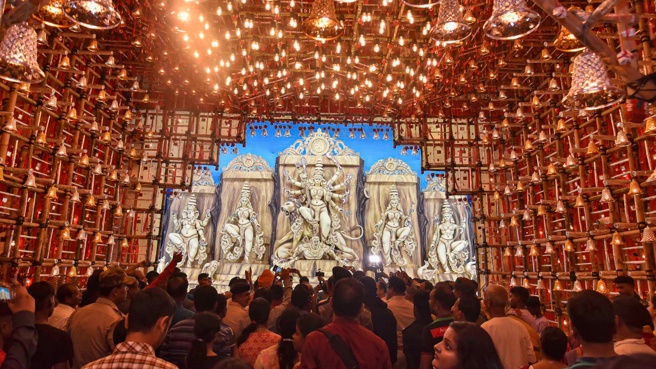 View of a community Durga Puja pandal during the sixth day of the Durga Puja festival in South Dinajpur, Saturday, Oct. 1, 2022. Credit: PTI Photo