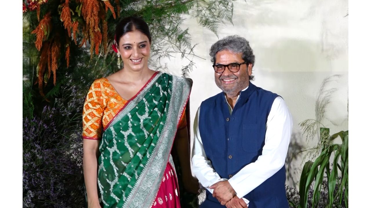 Tabu poses with Vishal Bhardwaj at Richa Chadha and Ali Fazal's wedding reception in Mumbai. Credit: Special Arrangement