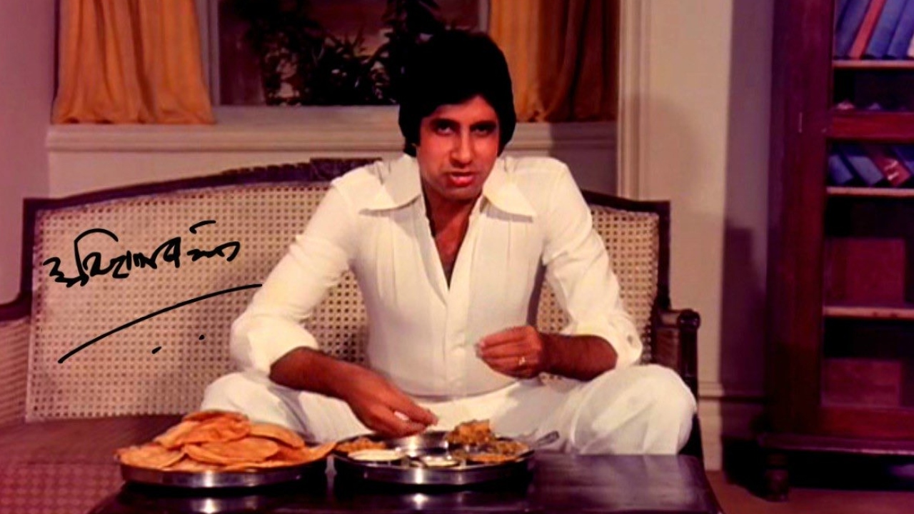 Big B is seen enjoying his food during a lunch break of a movie shoot. Credit: Moses Sapir