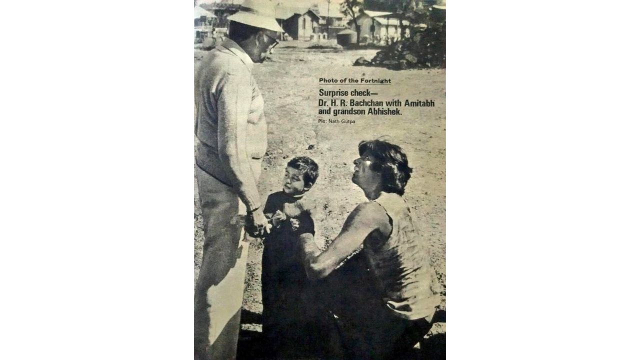An adorable snap of Harivansh Rai and Abhishek Bachchan visiting Big B on the sets of 'Kaala Patthar'. Credit: Moses Sapir