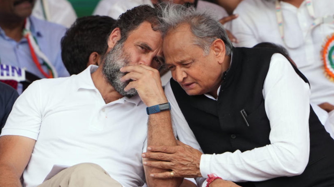 Congress leader Rahul Gandhi with Rajasthan CM Ashok Gehlot during a public meeting as part of Bharat Jodo Yatra, in Bellary, Saturday, October 15, 2022. Credit: AFP Photo