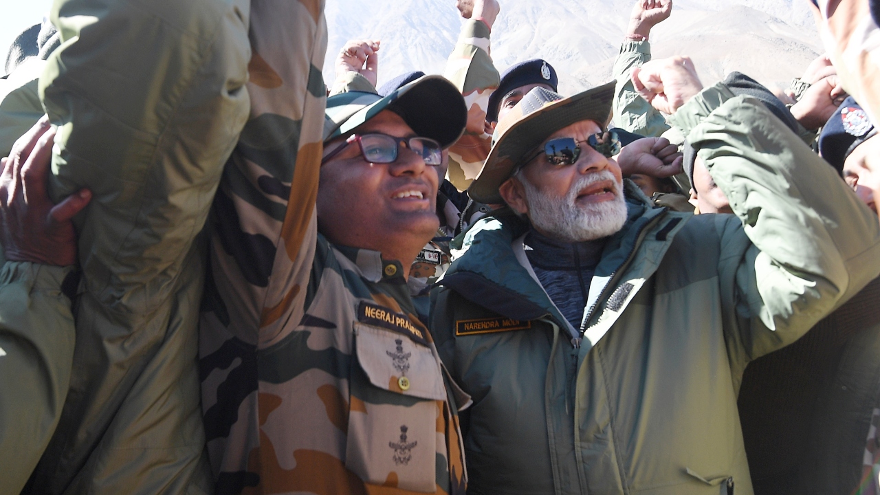 The Prime Minister was seen clapping as jawans sang Vande Mataram during Diwali celebrations in Kargil. Credit: Twitter/@narendramodi