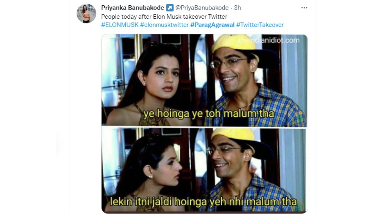 The news of Parag being fired as Twitter CEO the very next day came as a shocker to everyone and this meme perfectly depicts. Credit: Twitter/@PriyaBanubakode
