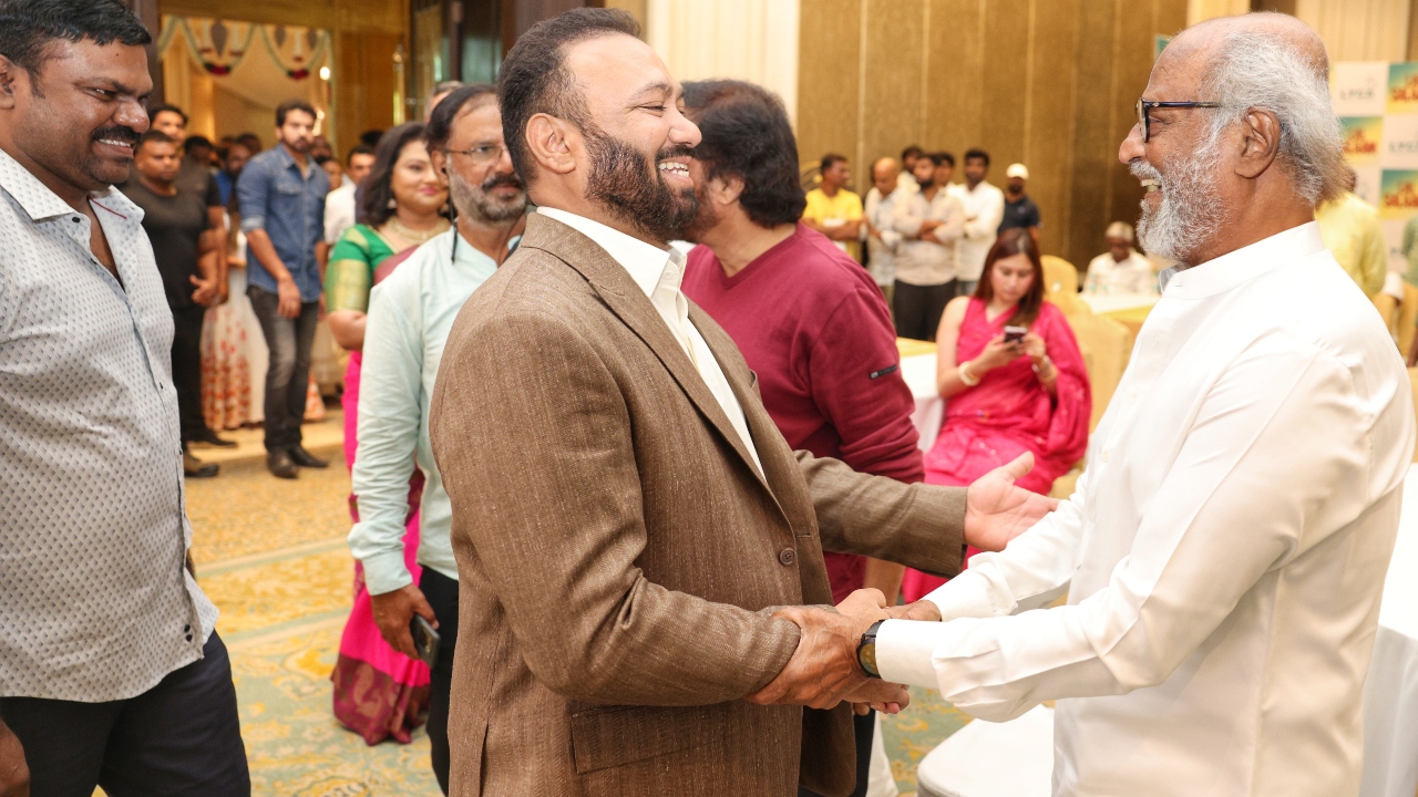 Lyca head Subaskaran and superstar Rajinikanth at the movie pooja of 'Lal Salaam'. Credit: Special Arrangement